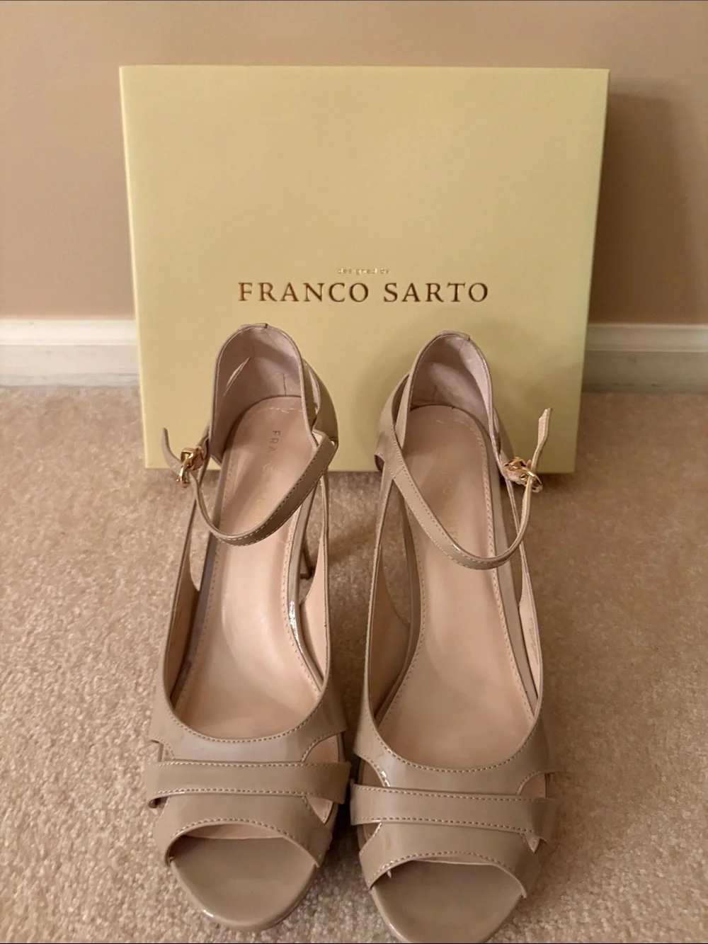Franco Sarto Beige Patent Peep-Toe Ankle-Strap Heels